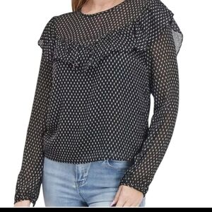 Avec Les Filles Chiffon Ruffled Tiered Black And White Long Sleeves Blouse XL